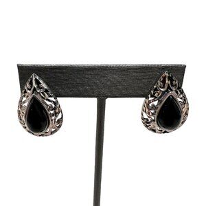 Vintage Onyx Earrings 925 Sterling Silver‎ Stud Post Open Metalworks Signed ND